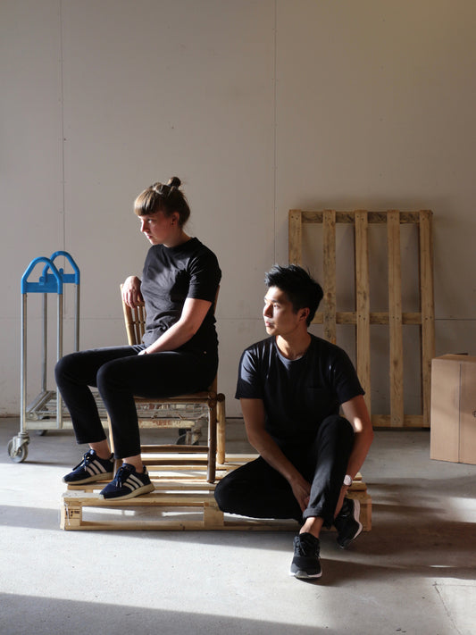 Portrait of the two founders of the glass design studio Normal Object Factory in their studio environment