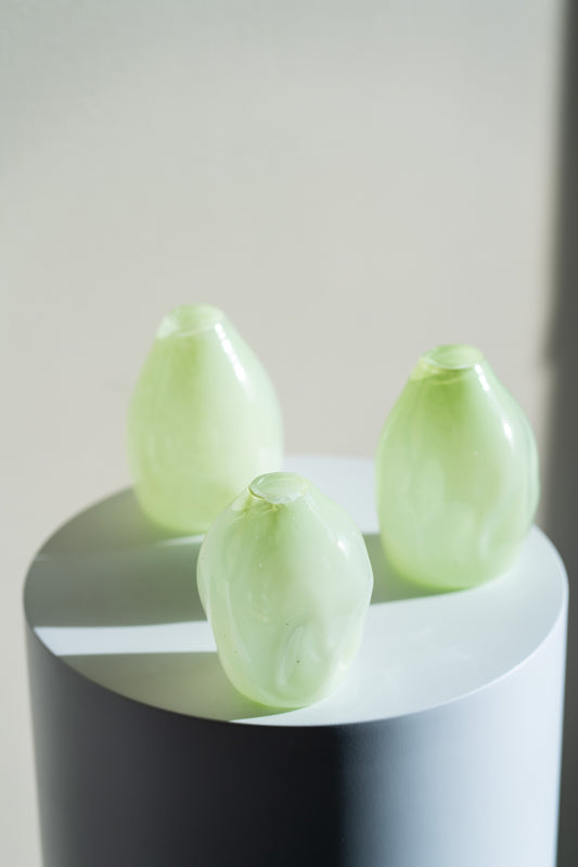 Three Small Wavy Glass Vases in Opaque Pistachio Made by a Glassblower
